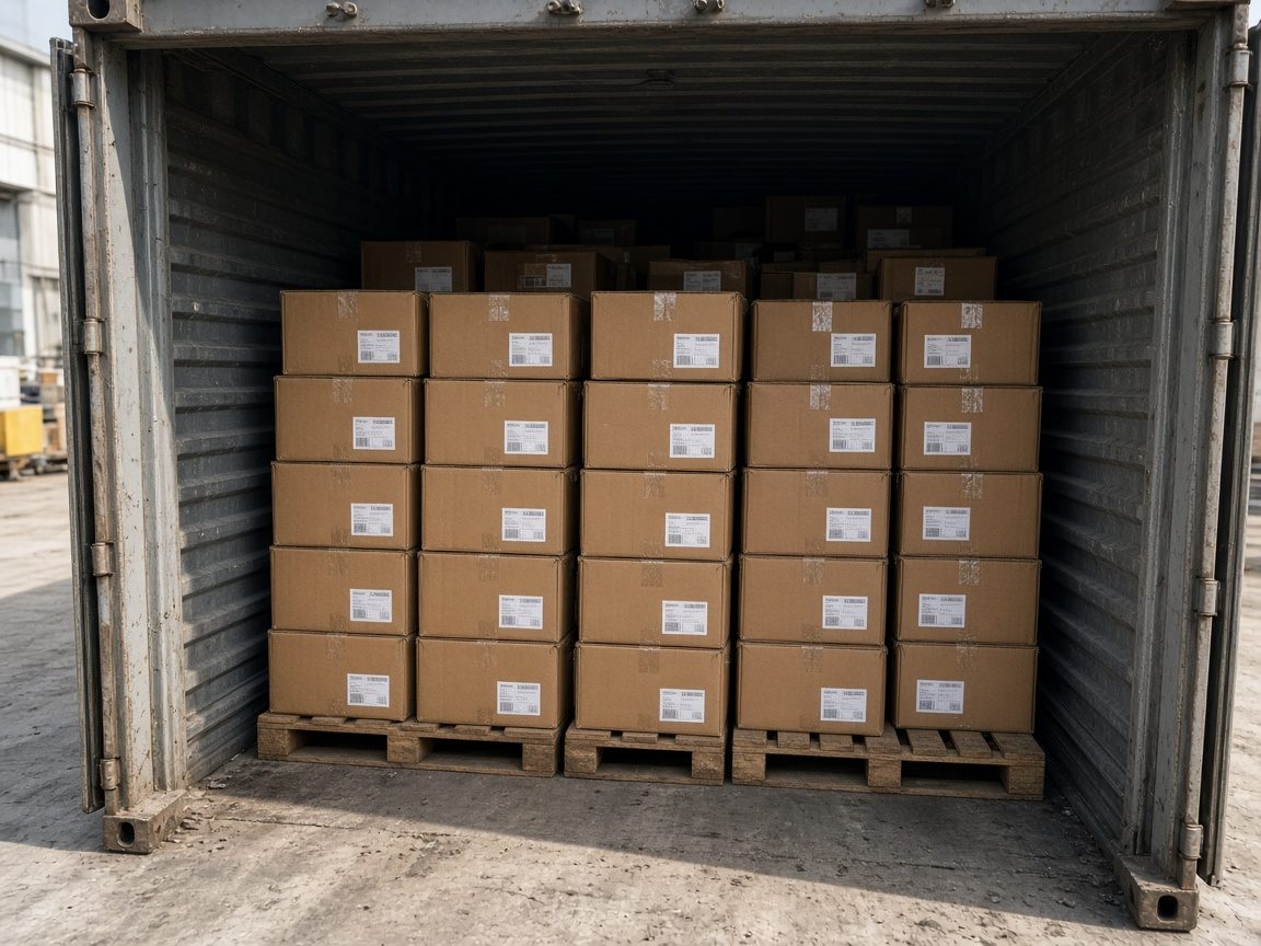 Cartons being loaded under a warehouse canopy in Guangdong