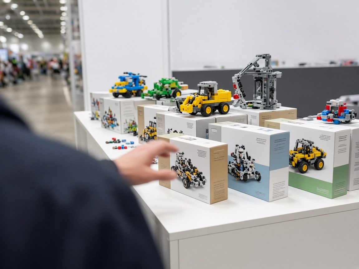 Buyers reviewing building block toys at an exhibition booth
