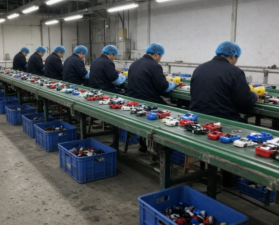 Chenghai assembly line with yellow water toys on the conveyor