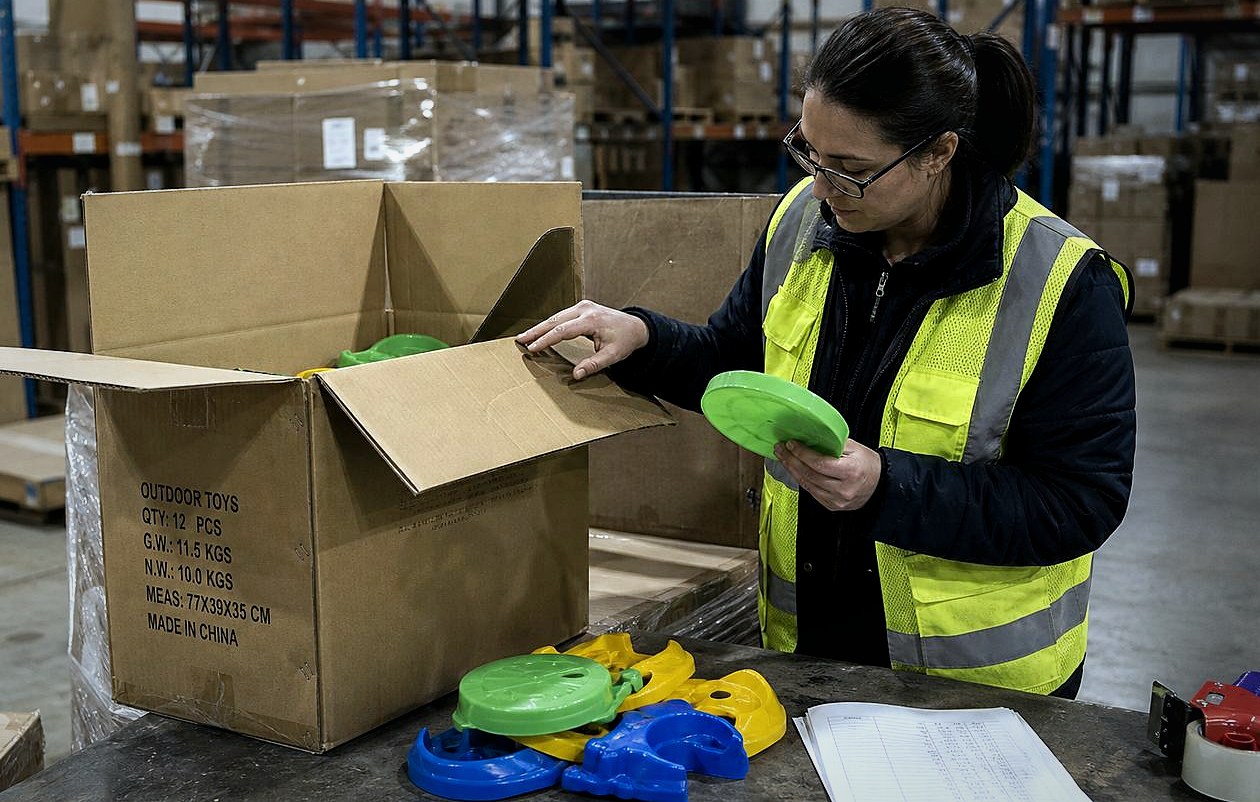 Final random inspection on packed toy cartons