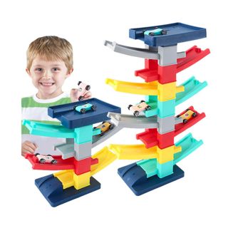 Montessori Gliding Car Ramp Slot Toy with 8 Mini Cars